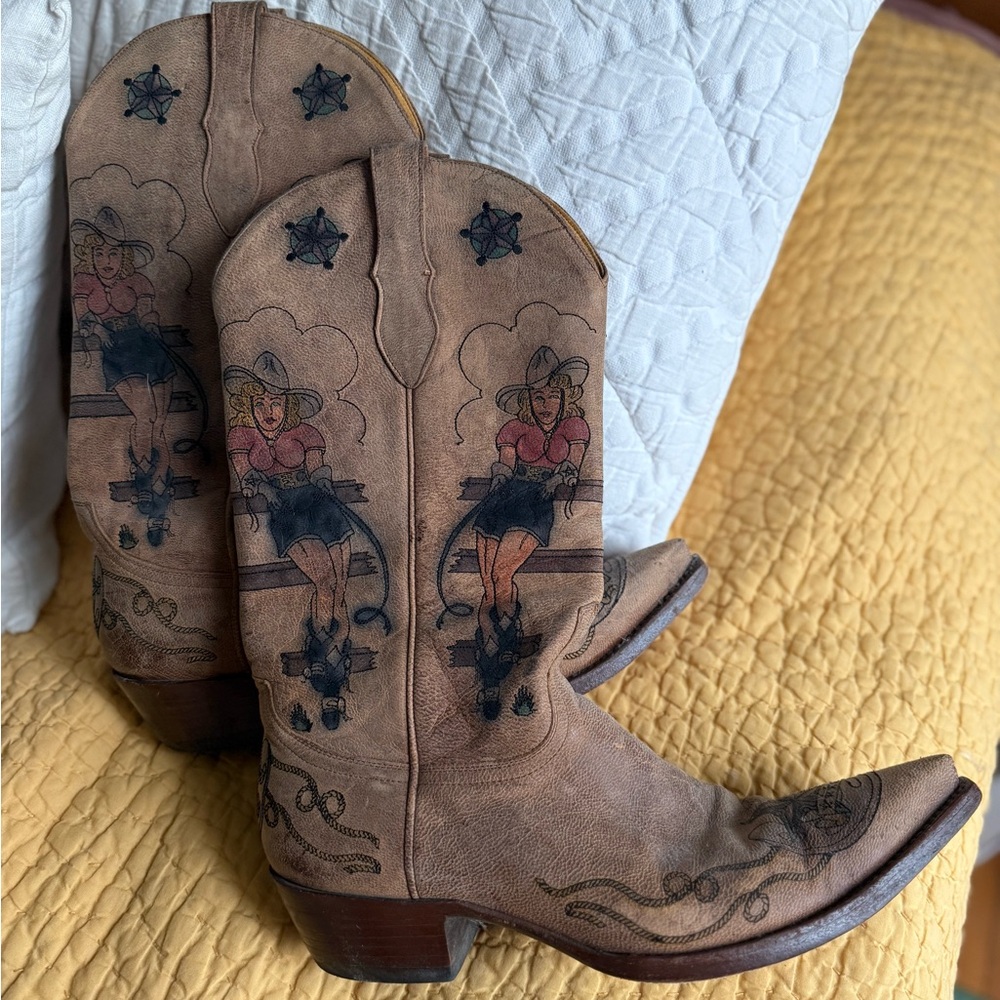 Vintage Old Gringo Cowboy Boots with Pinup Cowgirl, Size 9